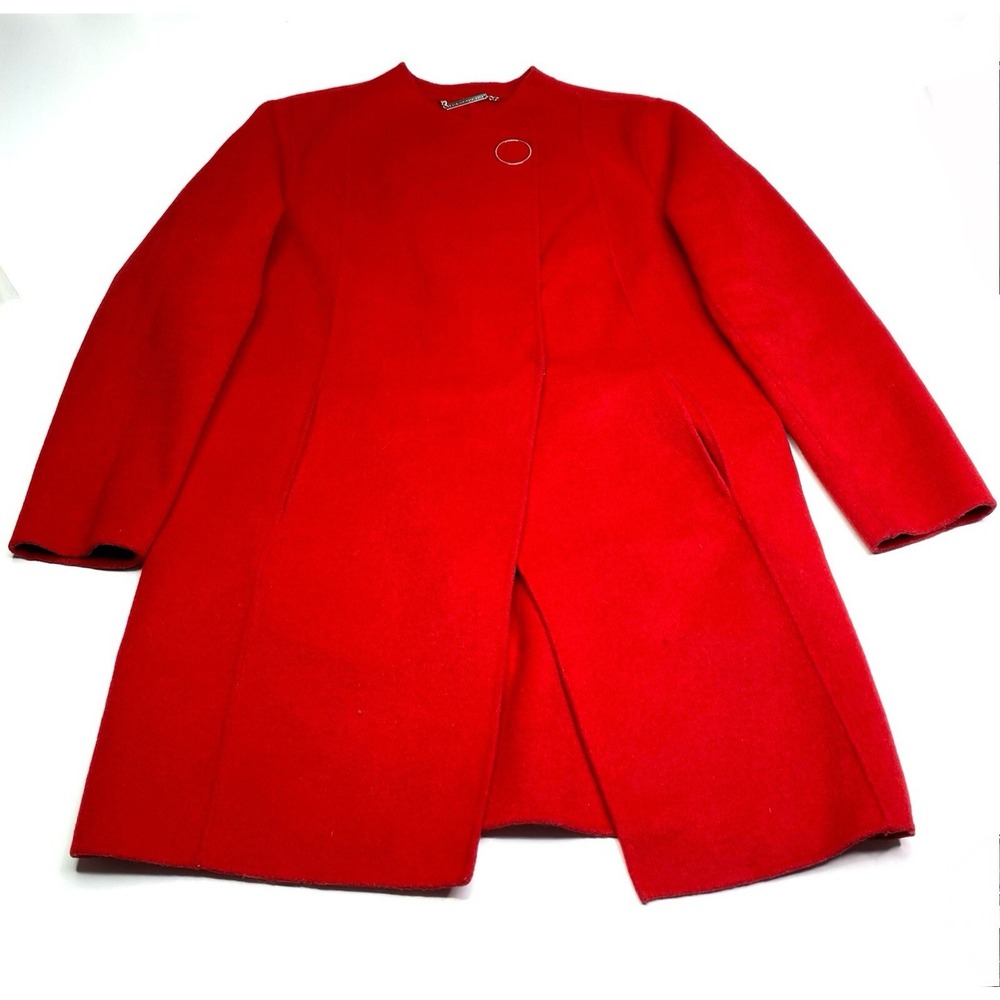 Diane von Furstenberg Red Wool Ring Detail Asymmetric Collarless Coat Womens